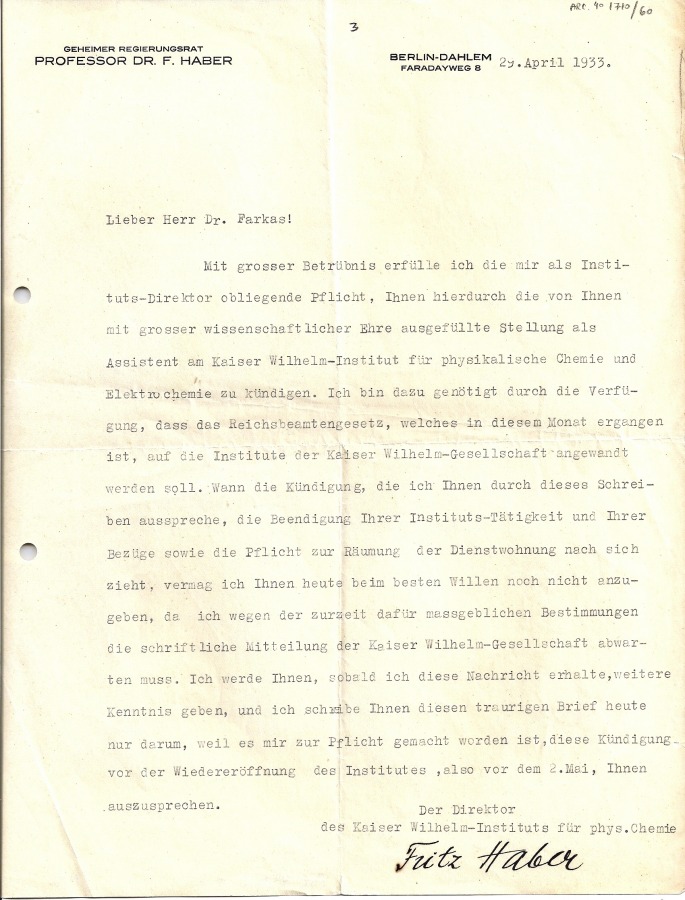 Haber letter to Farkas